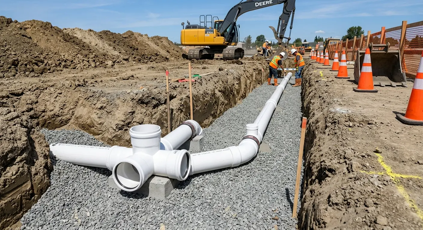 New PVC sewer pipe installation in open trench for Commercial Drain Cleaning in Suffield