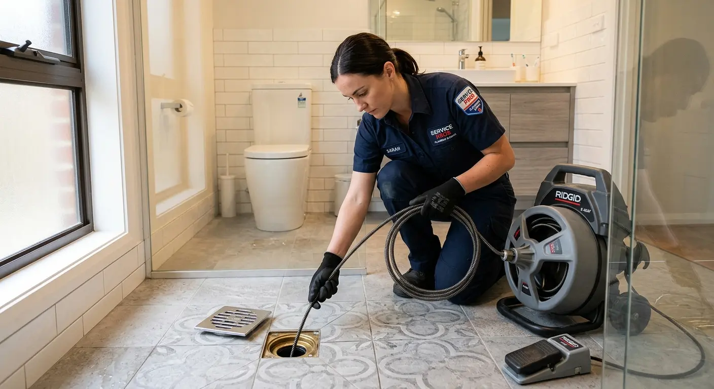 Technician clearing a bathroom floor drain for Drain Repair in Suffield